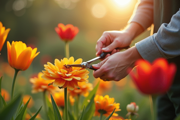 Jardinier taillant des fleurs T en plein soleil