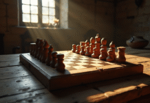 Plateau de jeu en bois ancien avec pièces sculptées à la main