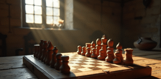 Plateau de jeu en bois ancien avec pièces sculptées à la main