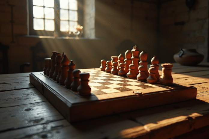 Plateau de jeu en bois ancien avec pièces sculptées à la main