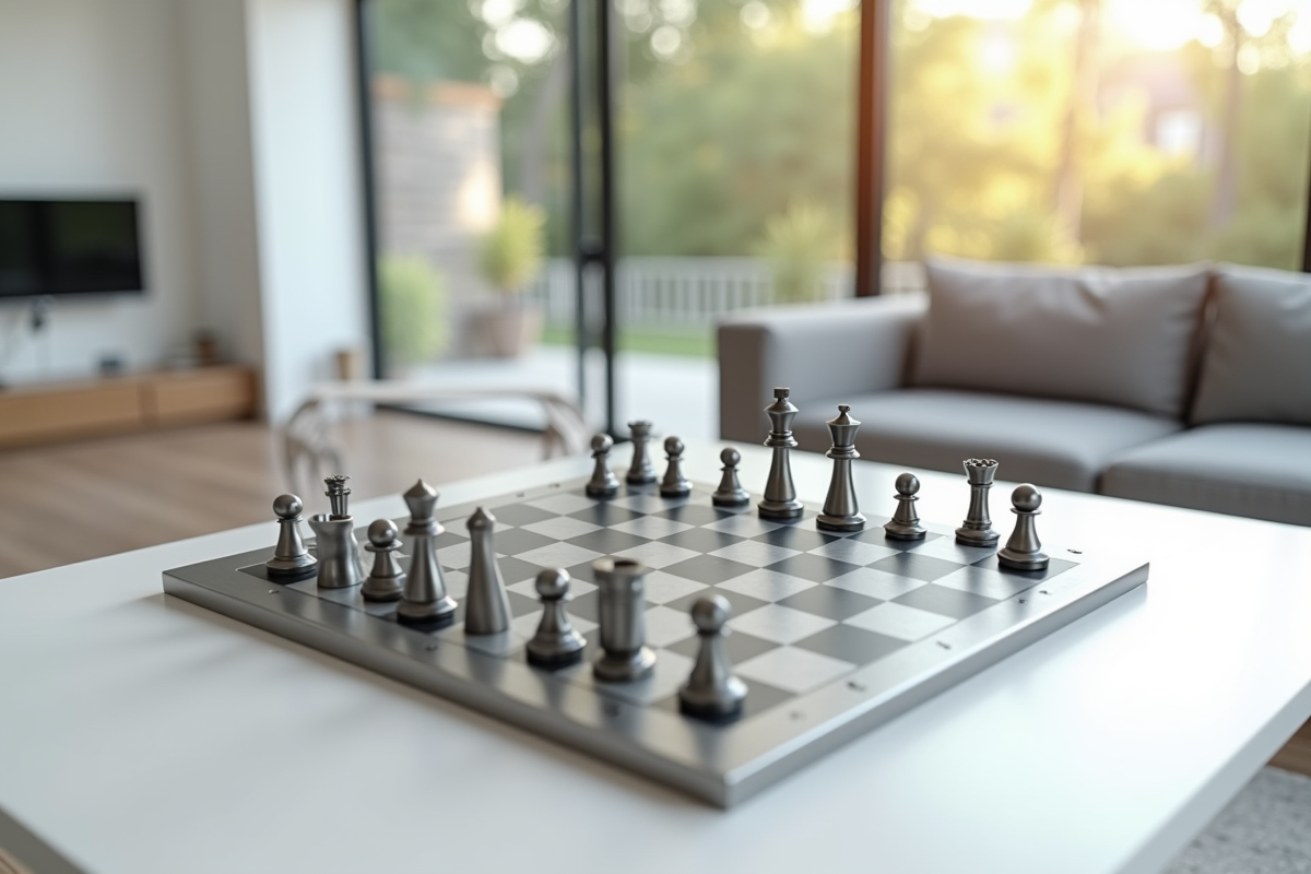 Plateau de jeu en métal moderne avec pièces polies dans un salon lumineux