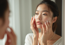 Jeune femme appliquant un serum vitamine C devant miroir