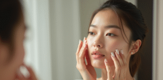 Jeune femme appliquant un serum vitamine C devant miroir