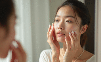 Pourquoi inclure la vitamine C dans votre routine soin du visage ? Jeune femme appliquant un serum vitamine C devant miroir