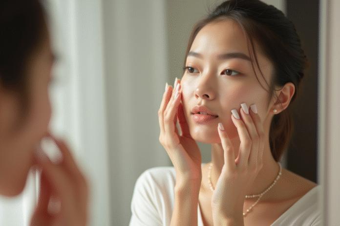 Jeune femme appliquant un serum vitamine C devant miroir