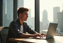 Jeune homme concentré au bureau avec vue urbaine