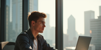 Jeune homme concentré au bureau avec vue urbaine