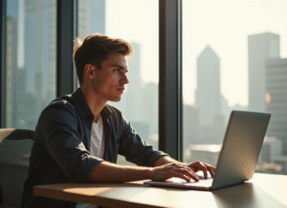 Rory John Gates : études, centres d’intérêt et discrétion assumée dans l’écosystème tech Jeune homme concentré au bureau avec vue urbaine