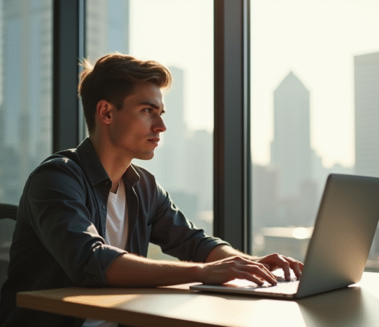 Rory John Gates : études, centres d’intérêt et discrétion assumée dans l’écosystème tech Jeune homme concentré au bureau avec vue urbaine