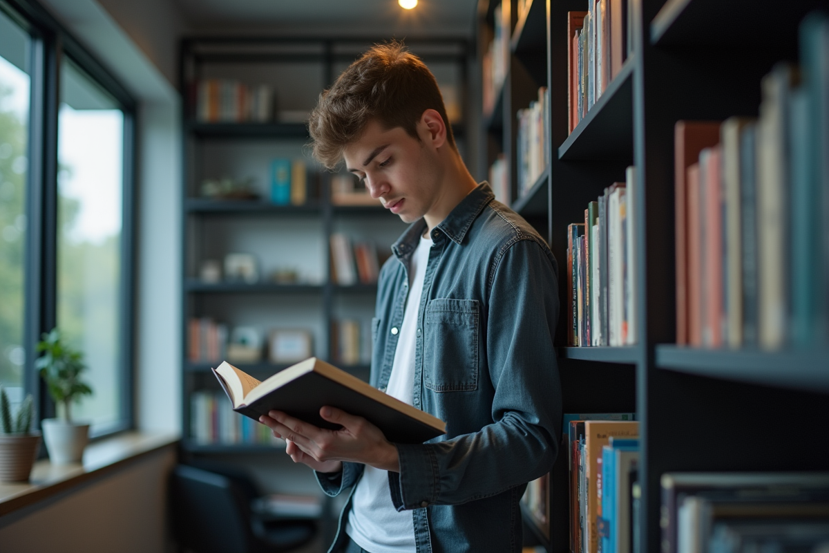 Jeune homme lisant un livre dans un bureau minimaliste