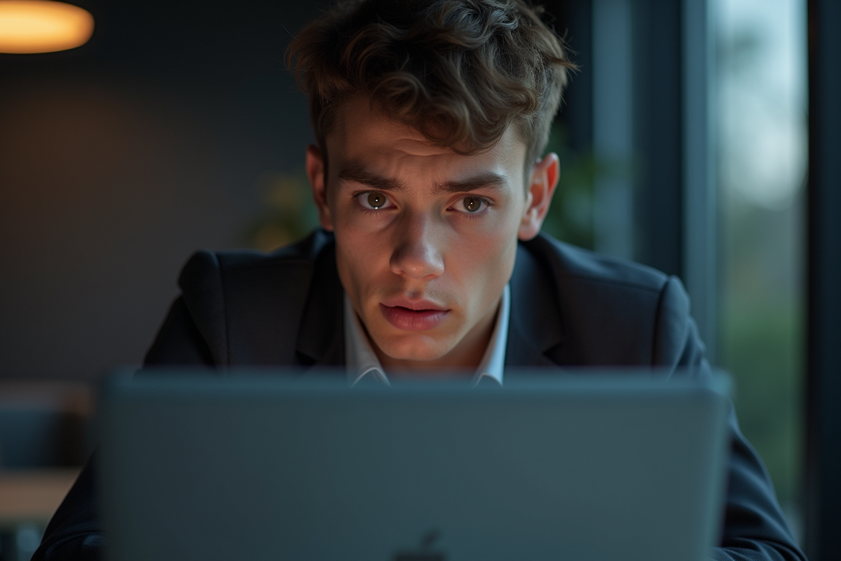 Jeune professionnel regardant son ordinateur avec souci pour le code erreur F34111009