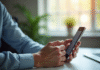Jeune professionnel configurant email sur smartphone en bureau lumineux
