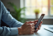 Jeune professionnel configurant email sur smartphone en bureau lumineux