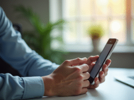 Jeune professionnel configurant email sur smartphone en bureau lumineux