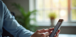 Jeune professionnel configurant email sur smartphone en bureau lumineux