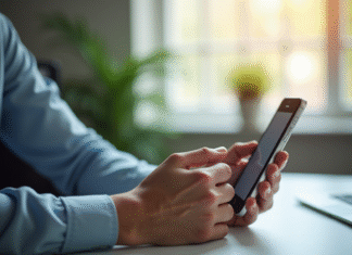 Webmel à Créteil : configurer son courriel académique sur mobile facilement Jeune professionnel configurant email sur smartphone en bureau lumineux