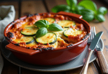 Lasagne de courgettes fraîche dans une cocotte en céramique