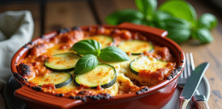 Lasagne de courgettes fraîche dans une cocotte en céramique