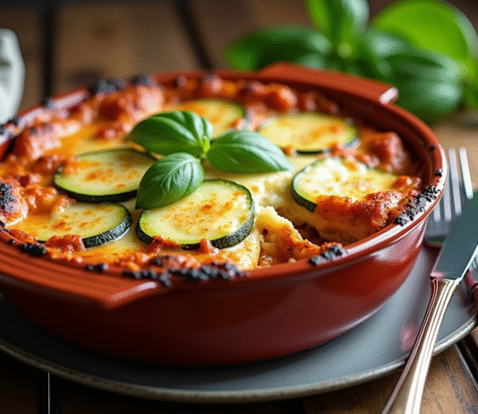 La lasagne à la courgette : un plat délicieux pour toutes les occasions Lasagne de courgettes fraîche dans une cocotte en céramique
