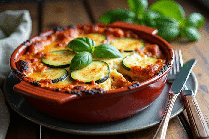 Lasagne de courgettes fraîche dans une cocotte en céramique