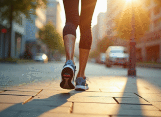 Personne marchant vite avec un tracker de fitness affichant 30000 pas