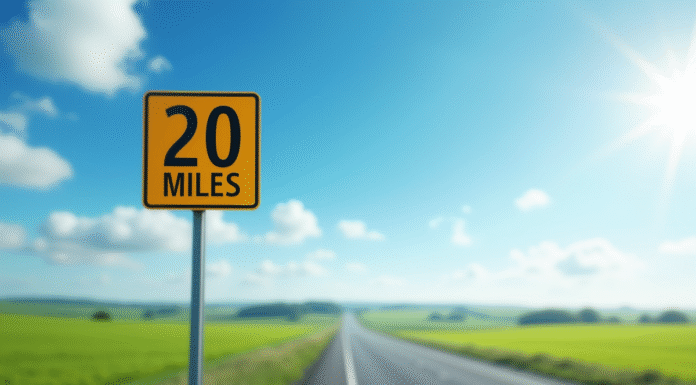 Panneau routier indiquant 20 miles et kilomètres en campagne