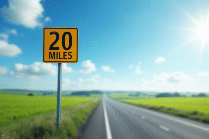 Panneau routier indiquant 20 miles et kilomètres en campagne
