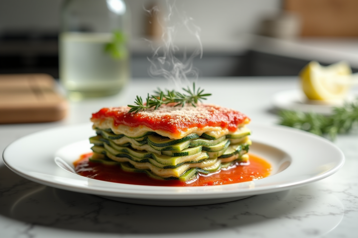 Partie de lasagne de courgettes sur une assiette blanche
