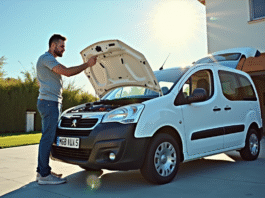Voiture Peugeot Partner blanche avec le capot ouvert et un homme vérifiant le moteur