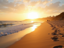Plage de Costa da Caparica au coucher de soleil avec vagues douces
