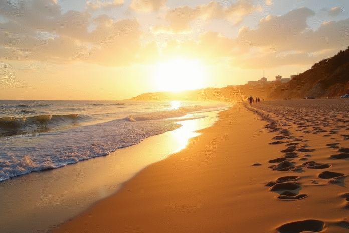 Plage de Costa da Caparica au coucher de soleil avec vagues douces