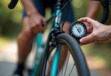 Pneu de vélo de route avec manomètre numérique en plein jour