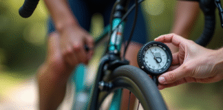 Pneu de vélo de route avec manomètre numérique en plein jour
