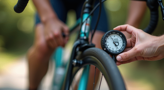 Pneu de vélo de route avec manomètre numérique en plein jour
