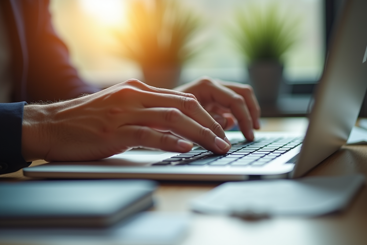 Mains appuyant sur la touche tab dans un bureau en lumière naturelle
