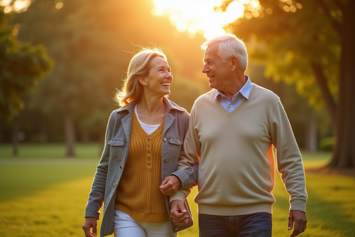 Couple mature marchant dans un parc en fin d