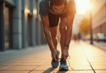 Coureur nouant ses lacets avec écouteurs sans fil en ville