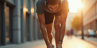 Coureur nouant ses lacets avec écouteurs sans fil en ville