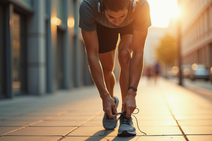 Coureur nouant ses lacets avec écouteurs sans fil en ville