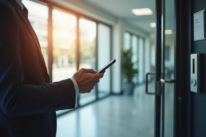 Personne scannant un badge de securite au bureau