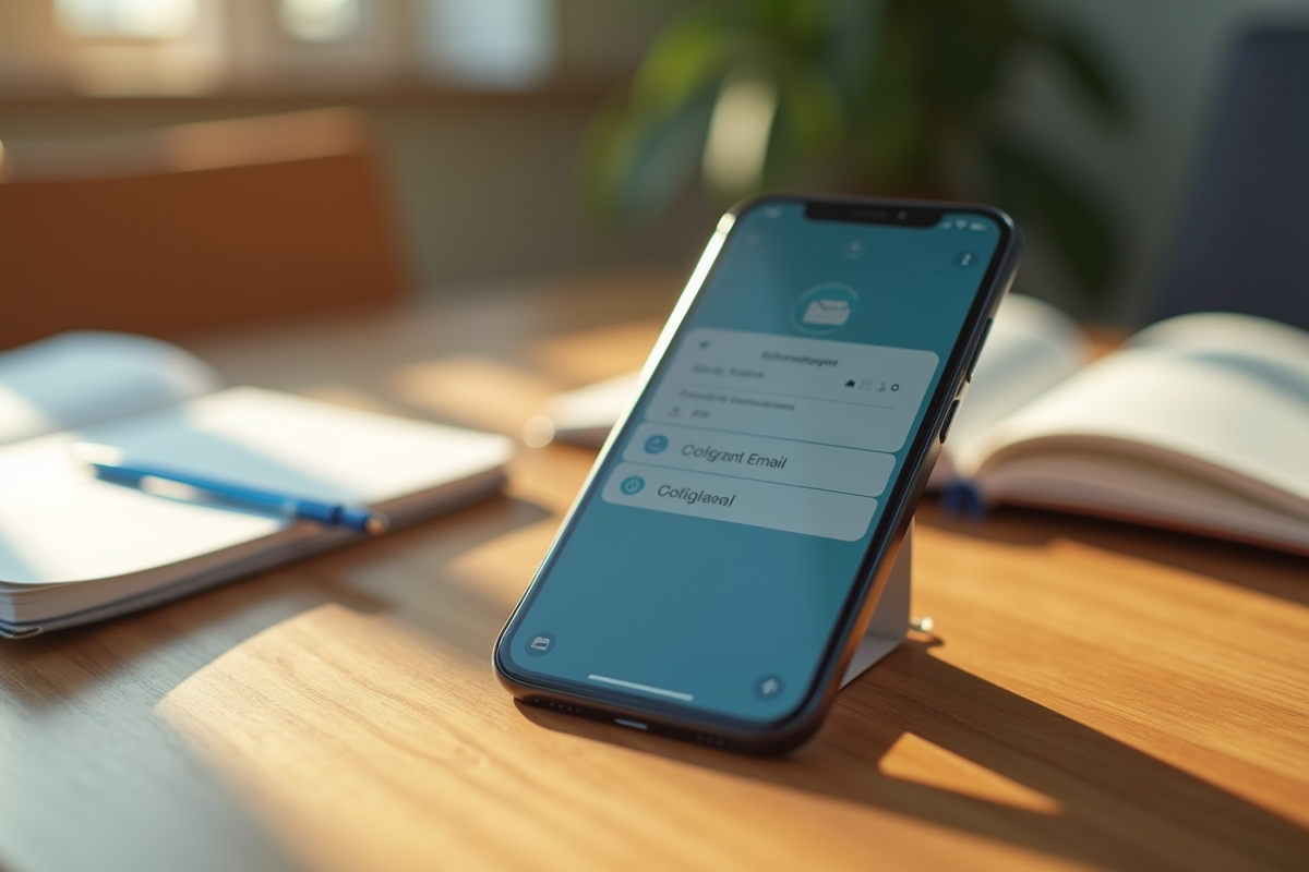 Smartphone affichant configuration email sur table en lumière naturelle
