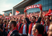 Foule de supporters de football devant le forum d'Amiens