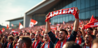 Foule de supporters de football devant le forum d'Amiens