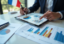 Économiste analysant des graphiques colorés sur une tablette en France