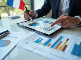 Économiste analysant des graphiques colorés sur une tablette en France
