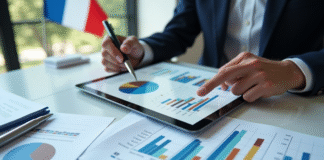 Économiste analysant des graphiques colorés sur une tablette en France