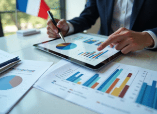 Économiste analysant des graphiques colorés sur une tablette en France