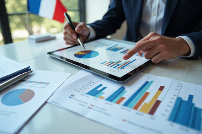 Économiste analysant des graphiques colorés sur une tablette en France