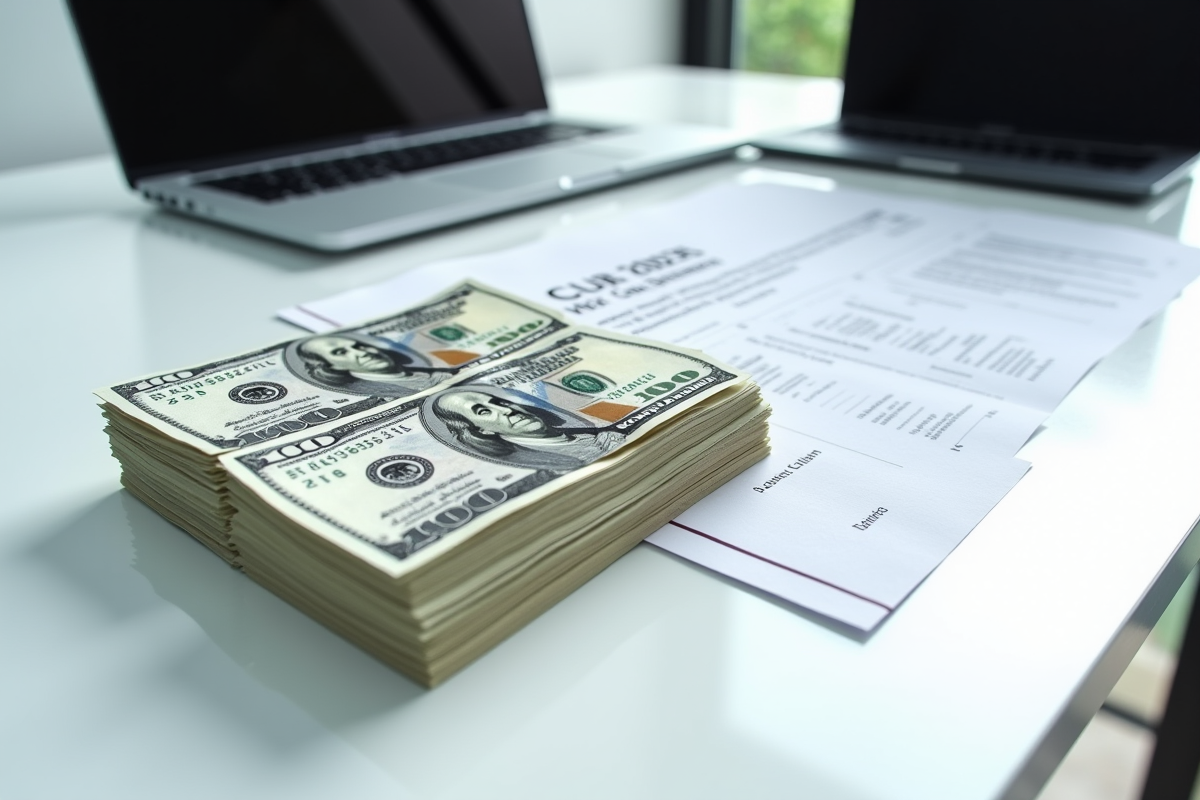 Pile de dollars et documents de salaire sur un bureau lumineux