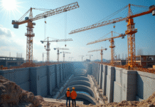 Grand chantier avec grues et ouvriers en sécurité
